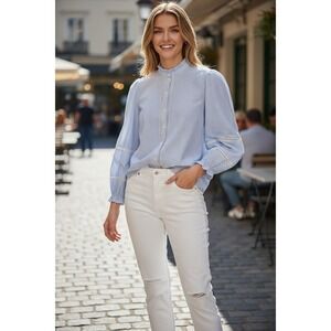 Paris Designer NWT Blue Pinstripe Ruffle Lace 100% Cotton Blouse M/L Coquette